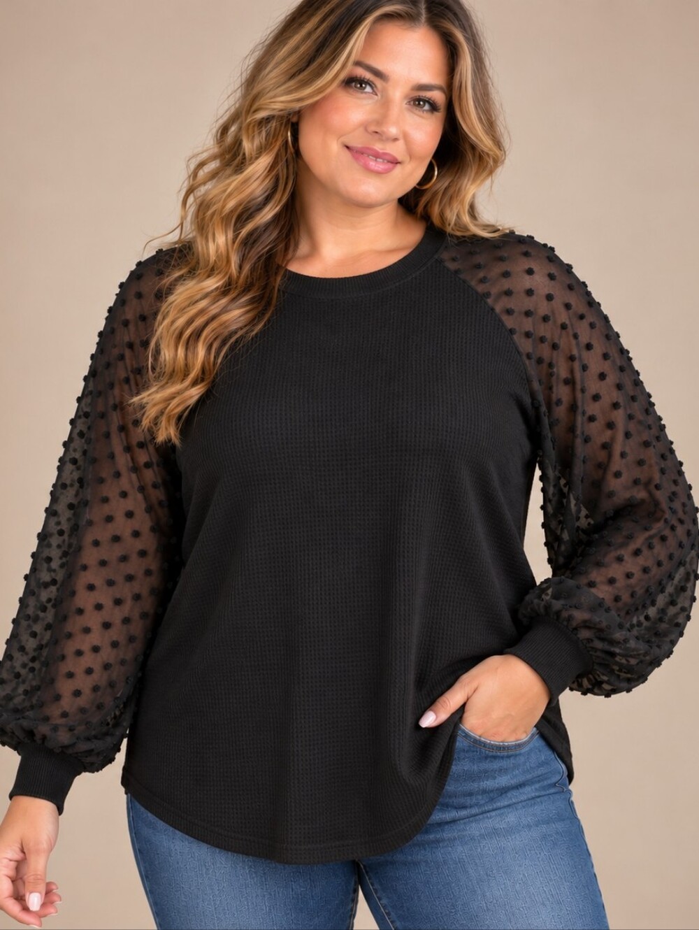 ​Miholl Black Waffle Knit Top Sheer Swiss Dot Balloon Sleeve XXL